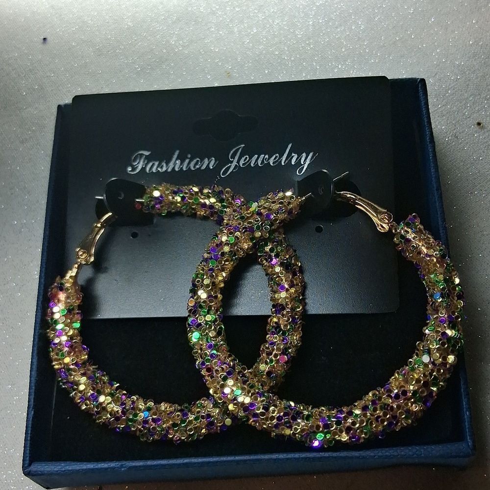 Gold and Multicolor Madi Gras  Hoop Earrings New
